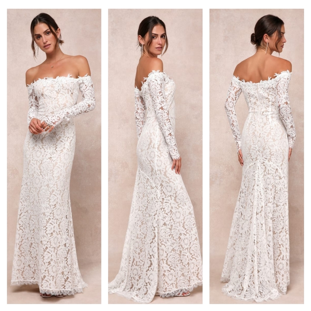 Lulu's Romance Dreamer White Lace Off-the-Shoulder Maxi Dress XL Wedding